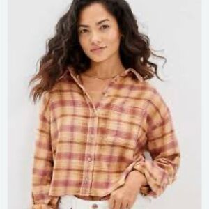 American Eagle Outfitters Pinkish Rust/Gold Distressed Cropped Flannel, Size L 🦅